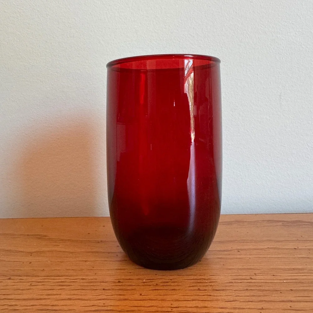 Vintage Ruby Red Glass Cylinder Vase Mid Century Modern Minimalist Juice‎ Glass